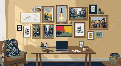 Home Office Workspace with Decorative Wall.