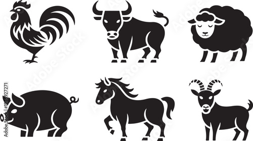 A Collection of Stylized Silhouettes of Farm Animals Including a Rooster Bull Sheep Pig Horse and Goat