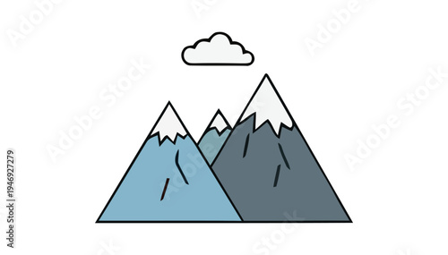 Simple illustration of three mountain peaks with snow and a cloud