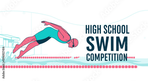 Energetic Swimmer Dives Into The Pool For High School Swim Competition Illustration