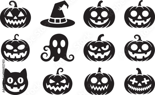 Collection of twelve spooky black silhouette icons featuring carved pumpkins a witch hat a ghost and a cat for Halloween celebrations