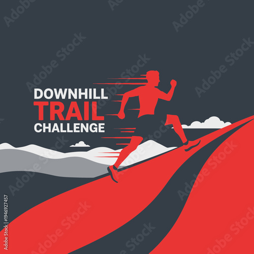 Energetic Silhouette Of Runner Descending Downhill Trail Challenge On Red Mountain Path