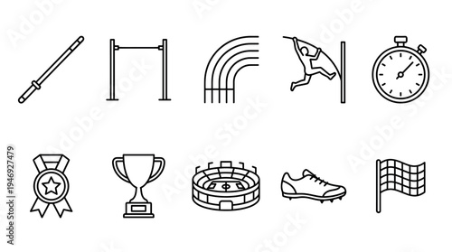 A collection of thin line icons representing various sports equipment, achievements, and venues in a clean, minimalist style.
