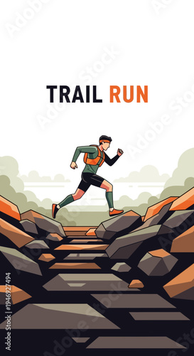 Energetic Trail Runner Ascending Rocky Terrain, Depicting Endurance, Fitness and Adventurous Spirit
