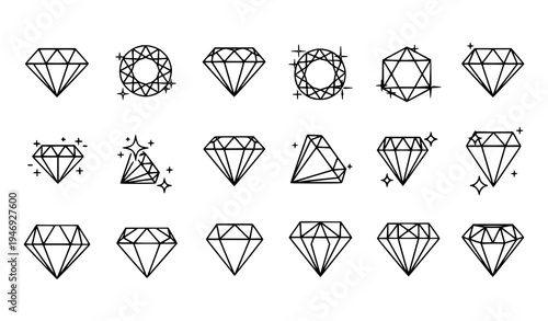 Diamond gem outline icons set luxury jewel thin line vector symbols