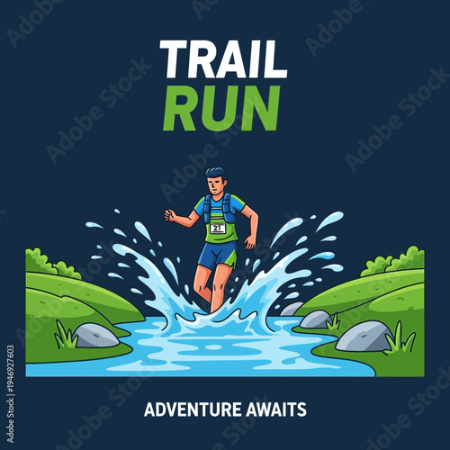Energetic Trail Runner Navigating a Watery Obstacle During an Outdoor Adventure