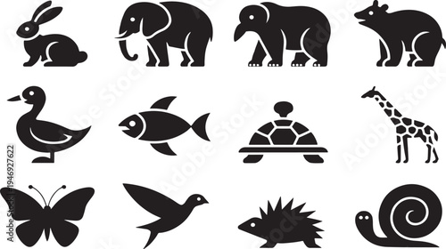 Collection of twelve diverse stylized animal silhouette icons displayed in a grid format isolated on transparent background