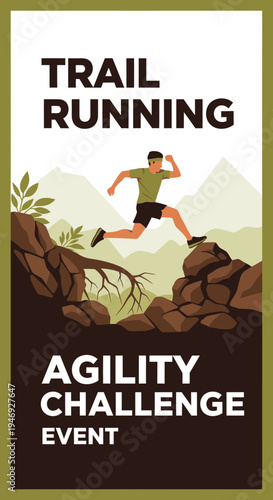 Energetic Trail Runner Navigating Rocky Terrain, Representing Agility and Event Promotion