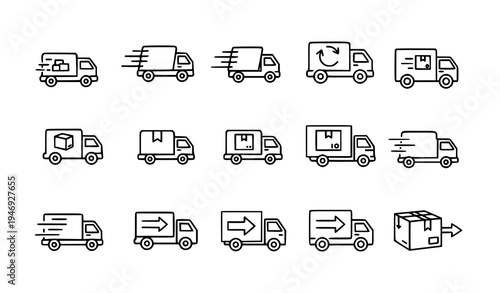 Fast delivery truck outline icons set logistics shipping thin line vector symbols