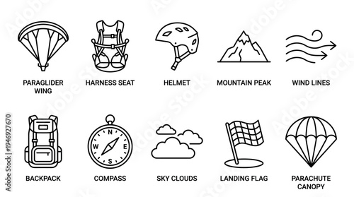 A collection of line art icons representing paragliding and adventure sports equipment, including a parachute, harness, helmet, backpack, compass, and wind.