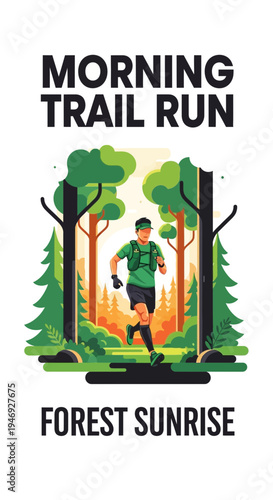 Energetic Trail Runner Navigating Forest Paths During a Vibrant Sunrise Adventure
