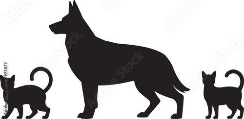 Three distinct black silhouette animals a large dog in the center and two smaller cats on either side isolated on a white background