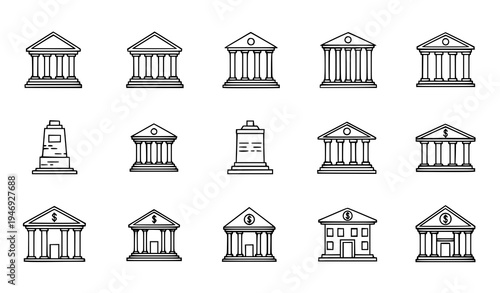 Bank museum university outline icons classical institution building vector set
