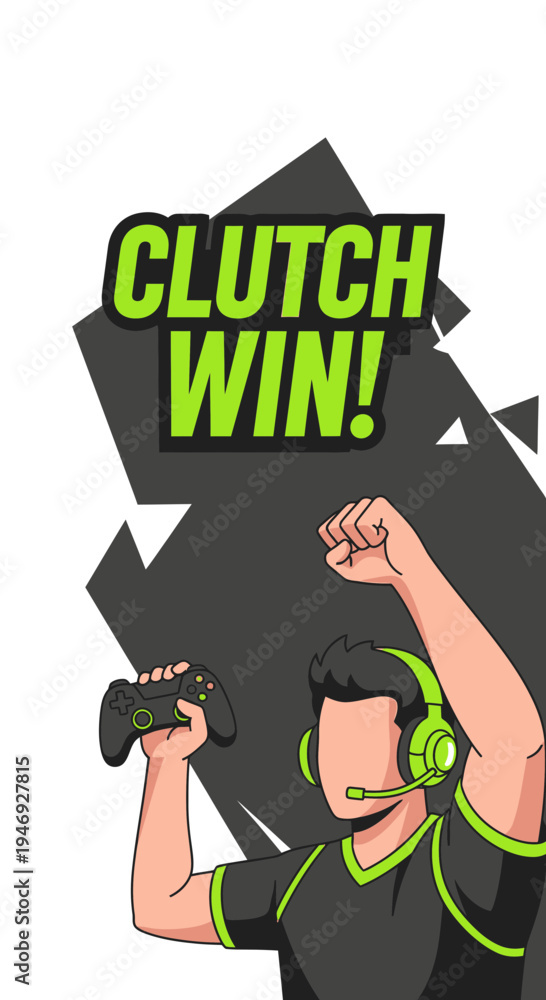 Naklejka premium Enthusiastic Gamer Celebrating a Victory, Holding Controller, Wearing Headset, Clutch Win Graphic