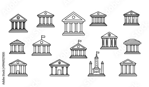 Institution building line icons bank museum university vector collection