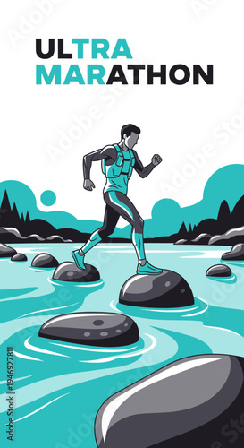 Energetic Ultra Marathon Runner Navigating River Rocks in a Dynamic Teal And Black Illustration