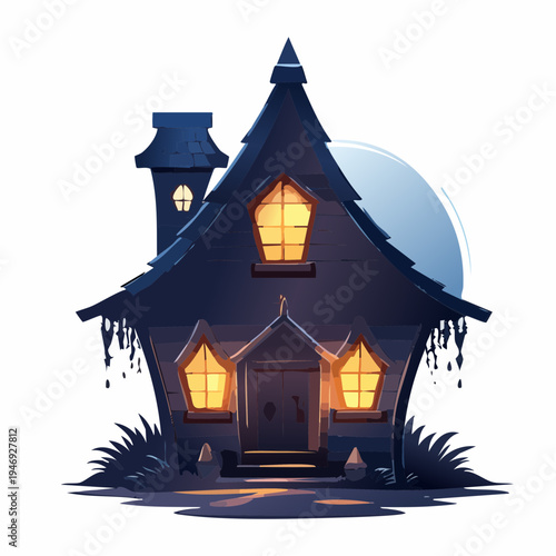 Mysterious Spooky Night House with Glowing Windows and Full Moon Backdrop