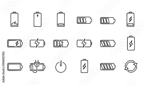 Battery charge level outline icons set charging power indicator vector symbols