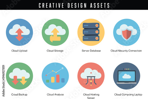 Collection of creative cloud computing and storage design assets