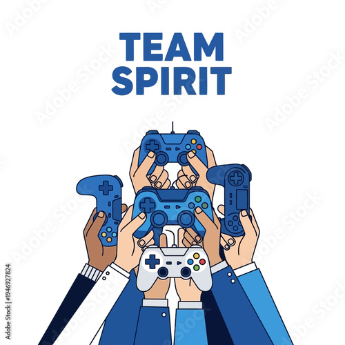 Enthusiastic Gamers Displaying Team Spirit With Elevated Game Controllers in Celebration