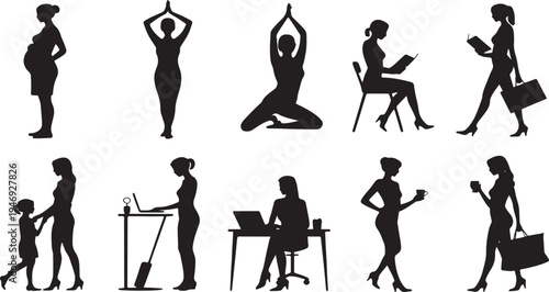 Collection of female silhouettes illustrating modern women engaging in diverse roles including work family fitness and relaxation on transparent background