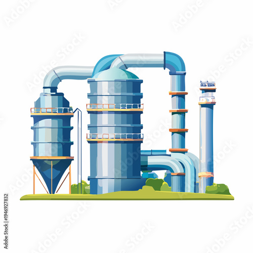 Modern industrial plant illustration with various tanks and pipelines for chemical processing and energy production