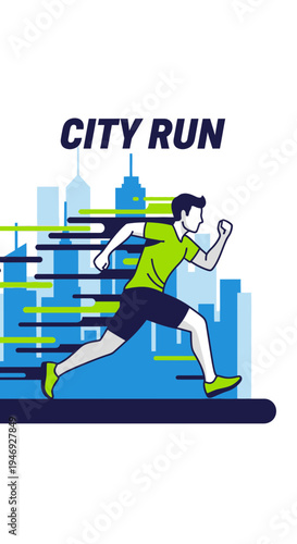 Energetic Urban Runner Demonstrates Vigorous City Sprint Amidst Modern Metropolis Silhouettes