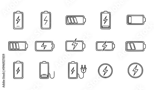 Battery charging icon set power level outline symbols vector collection