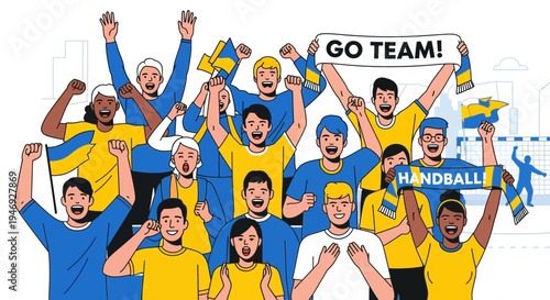 Enthusiastic Handball Supporters Cheering Their Team With Flags and Banners In Vector Style