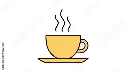 Simple line drawing of a steaming hot cup of coffee on a saucer