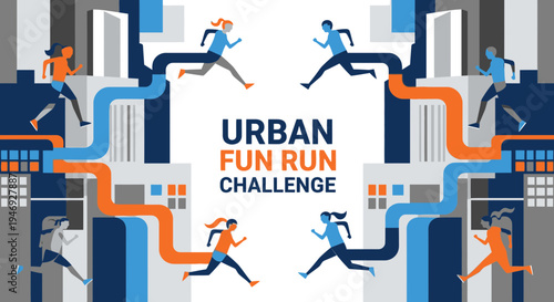 Energetic Urban Runners Competing In A Fun Run Challenge Across City Structures