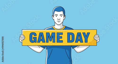 Enthusiastic Person Holding Game Day Sign with Bold Text on a Vibrant Yellow Banner