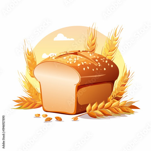 Artistic illustration of rustic wholesome bread with wheat stalks, symbolizing natural baking and harvest