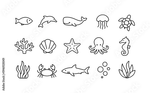 Minimal black line icons set of sea life featuring fish, dolphin, whale, jellyfish, turtle, coral, shell, starfish, octopus, seahorse
