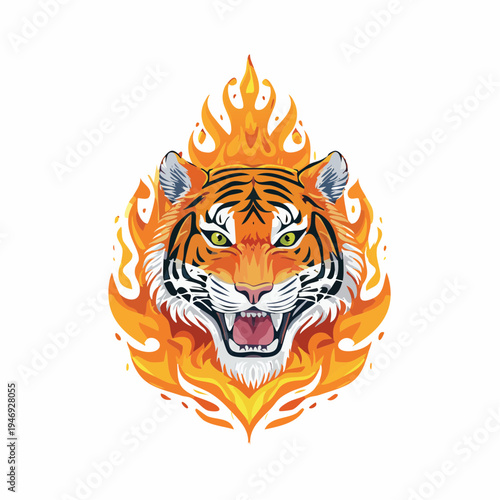 Fierce Tiger Head Illustration Embellished with Fiery Flames and Intense Gaze