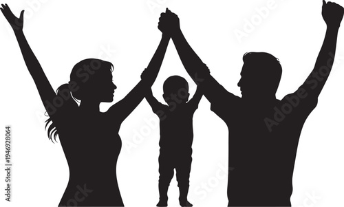 Silhouettes of a happy family including parents and a child with their arms raised together in celebration isolated on transparent background
