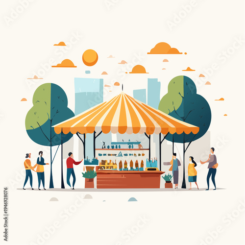 People gathering around a colorful market booth, enjoying refreshments and community spirit in a stylized outdoor event