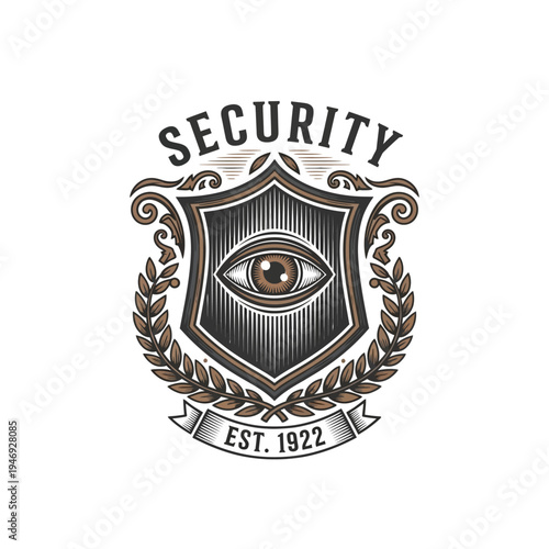Security Vintage Logo Design with All Seeing Eye on Shield and Laurel Wreath