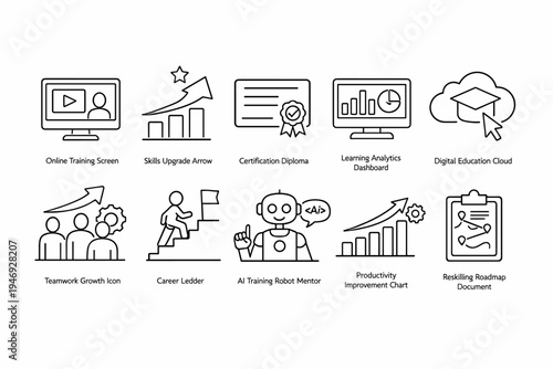 Line icon set illustrating online training, skills growth, certification, learning analytics, AI mentor, productivity charts, teamwork, and reskilling roadmap