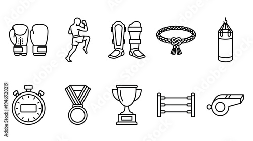 A collection of line art icons representing boxing and martial arts sports, including gloves, a fighter, shin guards, rope, punching bag, stopwatch, medal, trophy, ring, and whistle.