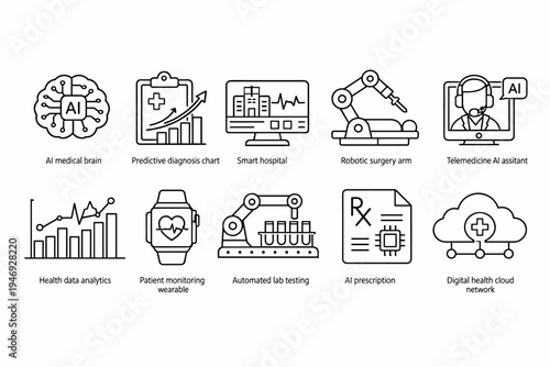 Set of healthcare technology line icons showing AI medical brain, predictive diagnosis charts, smart hospital, robotic surgery, telemedicine, analytics, wearables, lab automation