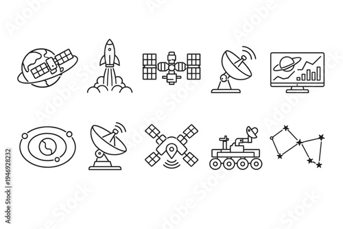 Minimal line icon set of space exploration technologies including satellites, rocket launch, antenna communications, rover vehicle, orbit, constellations, and analytics