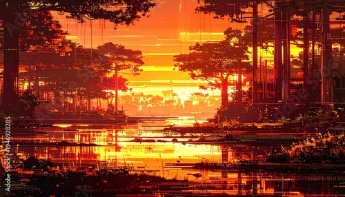 夕焼けが見える森のグリッチノイズの背景