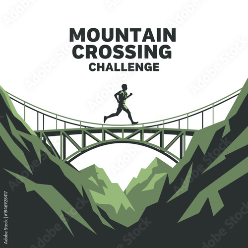 Epic Mountain Crossing Challenge: A Silhouette Navigates Rugged Terrain's Elevated Bridge