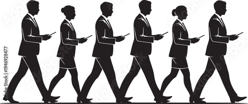 A diverse group of business professionals in silhouette are walking forward while looking down at their mobile devices