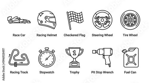 A collection of line art icons representing various elements of car racing, including a race car, helmet, flag, and trophy.