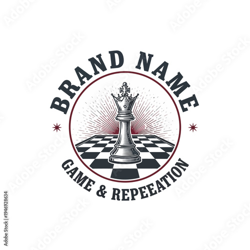 Chess King Piece on a Chessboard with Brand Name Vintage Emblem