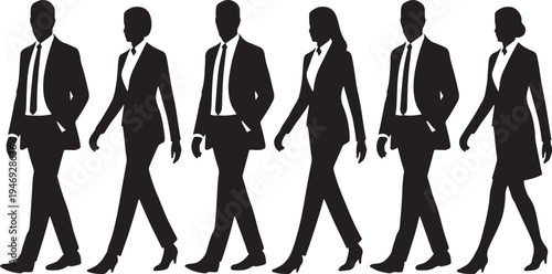 Six diverse business professionals silhouettes walking forward on a transparent background representing teamwork and progress