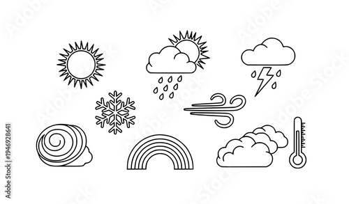 Weather symbols outline vector collection with sun cloud rain snow thunder and wind icons