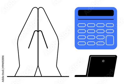 Faith, technology, finance, productivity, communication, focus. Hands in a praying gesture, a blue calculator and a laptop. Faith and technology concept portrayed with minimalistic elements
